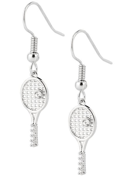 Born To Rally Racquet Rhinestone Dangle Earrings-Silver