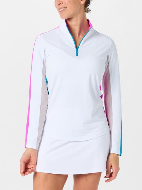 IBKUL Womens Colorblock LS Zip Mock - Wh/Hot Pink/Turq